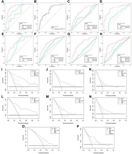 Figure 6 Clinical usefulness of ARG classifier. (A–H) Multiple ROC analysis was performed to compare the prognostic performance of the ARG classifier against clinical features in multiple cohorts. (A) GSE54514 datasets; (B) GSE63042 datasets; (C) GSE65682 datasets; (D) GSE95233 datasets; (E) GSEGSE106878 datasets; (F) E-MTAB-4421 datasets; (G) E-MTAB-4451 datasets; (H) E-MTAB-7581 datasets. (I–P) Decision curve analysis was applied to evaluate the clinical usefulness of ARG classifier against clinical features in multiple cohorts. The Y-axis represents the net benefit. The black line represents the hypothesis that no patients die. The X-axis represents the threshold probability. The threshold probability is where the expected benefit of treatment is equal to the expected benefit of avoiding treatment. (I) GSE54514 datasets; (J) GSE63042 datasets; (K) GSE65682 datasets; (L) GSE95233 datasets; (M) GSEGSE106878 datasets; (N) E-MTAB-4421 datasets; (O) E-MTAB-4451 datasets; (P) E-MTAB-7581 datasets.