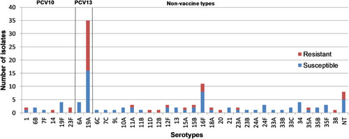 Figure 2 Pneumococcal serotypes from pediatric patients aged 0–15 years in Addis Ababa, Ethiopia and their susceptibility to erythromycin.