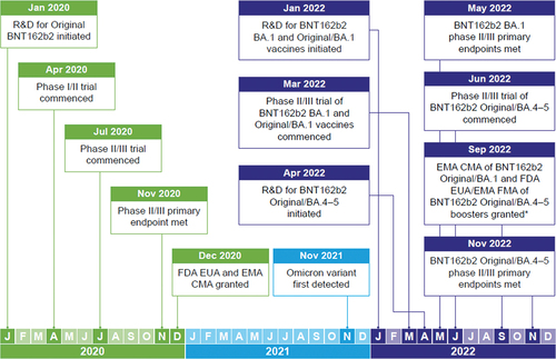 Figure 2. Timeline for clinical development and approval of original and variant-adapted BNT162b2 vaccines in adults and older children.