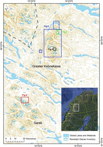 Figure 1. TanDEMX contour (100 m intervals) map for Arctic Sweden. White/blue polygons = RGI glacier areas (Arendt et al. Citation2012). With boxes to show location of; Figure 5 (black), Figure 6 (blue), Figure 7 (green), Figure 8 (red). Inset image (Google Earth) shows location of the study area (white box). Dashed line marks the border between Sweden and Norway.