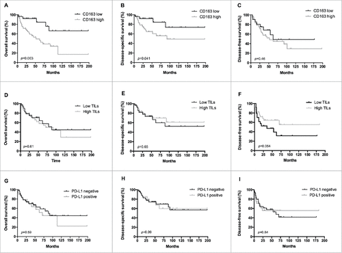 Figure 2. Prognostic significance of CD163, CD3 and PD-L1 in leiomyosarcoma. Kaplan-Meier survival curves for overall survival (A, D, G), disease-specific survival (B, E, H) and disease-free survival (C, F, I) according to CD163 infiltration (low n = 27; high n = 48), CD3 infiltration (low n = 30; high n = 43) and PD-L1 expression (negative n = 46; positive n = 28) in primary leiomyosarcomas. A high CD163 infiltrate (> 20%) is associated with poor overall and disease specific survival. P-value obtained by log-rank test.