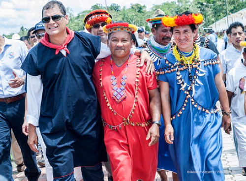 Figure 4. Inauguration of the Millennium Community Playas de Cuyabeno 2. President Rafael Correa with indigenous people 1. 1 October 2013. Photo by Walker Vizcarra. Reproduced by permission of Walker Vizcarra.