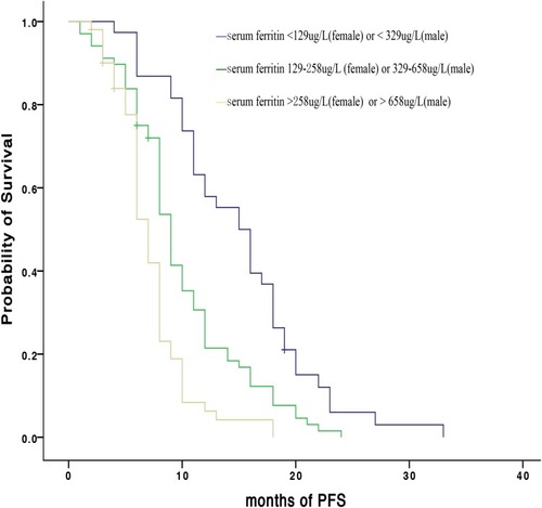 Figure 1 The progression-free survival (PFS) of patients receiving EGFR-TKI presented by Kaplan–Meier survival curve around a threshold of SF level < 129µg/L, 129–258µg/L and >258µg/L for female and level < 329µg/L, 329–658µg/L and >658µg/L for male.