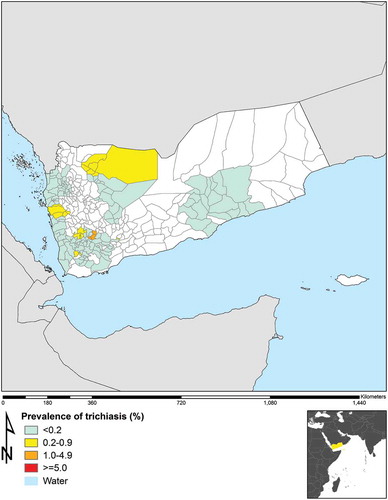 Figure 2. Evaluation unit-level prevalence of trichiasis in ≥15-year-olds, global trachoma mapping project, Yemen, 2013–2015. Internal boundaries represent districts.
