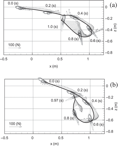 Figure 9. Hydrodynamic forces acting on a hand during freestyle stroke computed with CFD. Strokes of Ian Thorpe (a) and Peter Van den Hoogenband (b) at 175 m in a race of 200 m (Sato & Hino Citation2013).