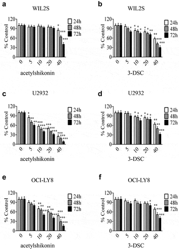 Figure 3. TOPK inhibitors suppress cell proliferation in DLBCL cells. (a-b) WIL2S cells were treated with different concentrations (5 µM, 10 µM, 20 µM, 40 µM) of acetylshikonin or 3-DSC, and cell proliferation was assessed at 24, 48, and 72 h by the MTS assay. The data represent the mean ± S.D. for three individual experiments (*p < 0.05, **p < 0.01, n = 3). (c-f) U2932 and OCI-LY8 cells were treated with different concentrations (5 µM, 10 µM, 20 µM, 40 µM) of acetylshikonin or 3-DSC, and cell proliferation was assessed at 24, 48, and 72 h by the MTS assay. The data are the mean ± S.D. for three individual experiments (*p < 0.05, **p < 0.01, ***p < 0.001, n = 3).