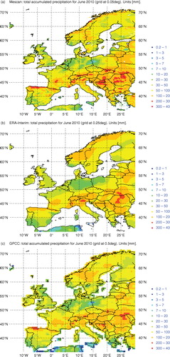 Fig. 14 Maps of the monthly 24-h accumulated precipitation for June 2010 for Mescan (left panel) at 5.5 km, ERA-Interim at 25 km (middle panel) and GPCC (right panel) at 50 km grid spacing, respectively. Units mm/month.