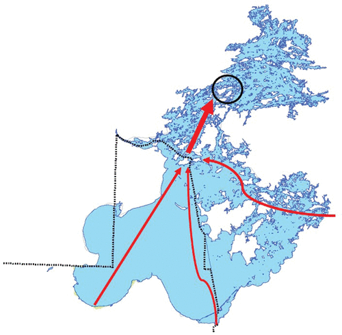 Figure 2. Generalized water flow paths in the southern and central basins of Lake of the Woods. Dotted black line is international border, circle is hydrologic outlet of southern basins in the Big Narrows vicinity.