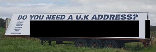 Figure 7. A mobile billboard near to the Donegal border, September 2019.Note: Business details have been removed from this image