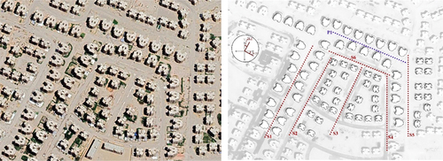 Figure 3. Dot layout in Mubarak’s National housing Project (1981–2011). Left, 63 m2 prototype’s area of study (google earth pro 7.3, coord. 29.910693358604988, 30.940886257338473); right, streets and buildings.