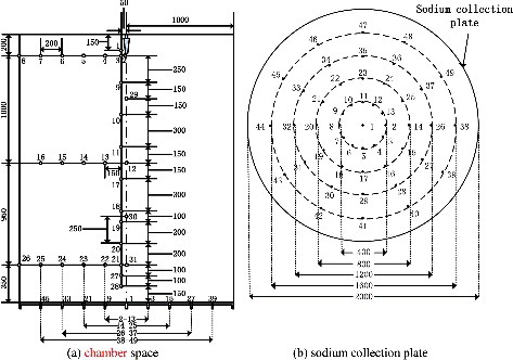 Figure 2. Distributions of measuring points in the chamber space and sodium collection plate (units: mm).