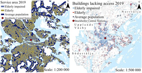 Figure 5. Services areas with access to public transport (left) and buildings lacking access to public transport (right) in the 2019 scenario, showing central areas of Stockholm City