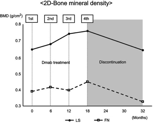 Figure 2 2D-BMD levels measured by DXA. DXA revealed that there was a significant decrease in bone mineral density after discontinuation of denosumab treatment.
