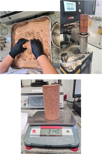 Figure 7. (a) Clay mixture, (b) clay compacted with a gyratory compactor, (c) compacted clay sample with fibres.