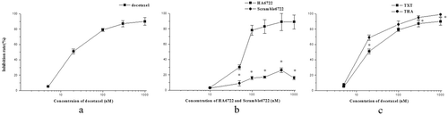 Figure 1.  HA6722 enhanced the inhibitory effects of Docetaxel (TXT) on growth of SK-BR-3 cell lines. Cells were either transfected with HA6722/scramble6722 alone (b), treated with various concentrations of TXT alone (a), or had the combination treatment (c), for 24 h before the MTT assay was performed. Each experiment was carried out three times independently, and each assay was performed in six replicate wells. Inhibition rate was calculated as the ratio of the mean absorbance of treated cells to that of control cells.