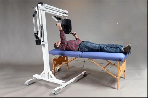 Figure 1 Final design of the supine arm cycle ergometer. The default safety feature moves the overhead mechanism away from the patient.