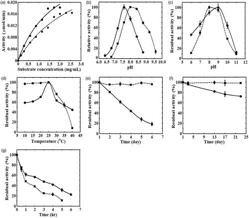 Figure 5. (a) The Michaelis–Menten plot; (b) influence of pH; (c) pH stability; (d) thermal stability; (e) storage stability at –20 °C; (f) storage stability at 4 °C; and (g) storage stability at 37 °C for free (—) and immobilized (––) cABCI enzyme. The activity was measured in 50 mM phosphate buffer at 25 °C and pH 8.