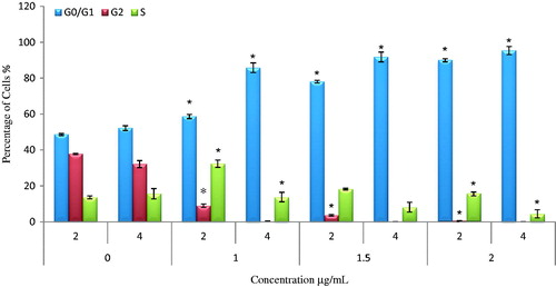 Figure 4. Cell cycle analysis of HSC-4 cells treated with 1–2 µg/mL at 2 and 4 h incubation time. Different phases of cell cycle which are G0/G1 phase, S phase and G2 phase. Noted that there is significant (p < .05) decrease in cells percentages in G2 and S phase after 4 h of AgNps-CN (1 µg/mL) of treatment compared to control groups. Most of the cells were arrested at G1 phase after 4 h of AgNps-CN treatment. Data were expressed as mean ± SD. *p < .05 when compared to untreated group.