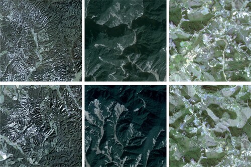 Figure 2. Optical images of landslide samples from three study areas. The first column indicates landslides in Experimental site 1 (Earthquake-induced in Japan). The second column denotes landslides in Experimental site 2 (Rainfall-induced in China). The third column represents landslides in Experimental site 3 (Rainfall-induced in Brazil).