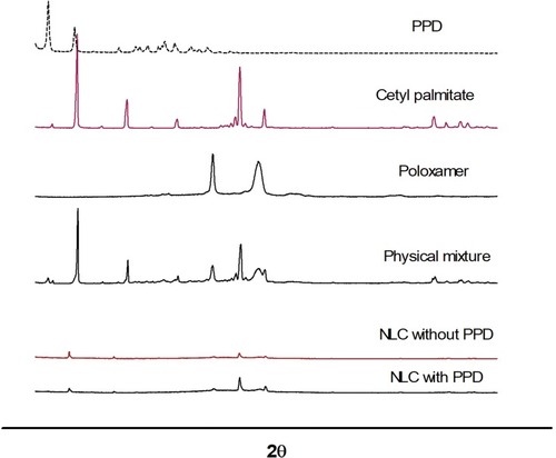 Figure 5 X-ray diffraction patterns of PPD, cetyl palmitate, poloxamer and physical mixture of PPD/cetyl palmitate/poloxamer, freeze-dried NLC without PPD, and freeze-dried NLC with PPD.