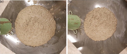 Figure 8. Slump flow (a) reference concrete and (b) CCA concrete.