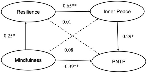 Figure 3 The multiple mediator model of mindfulness on PNTP (non-meditator group).