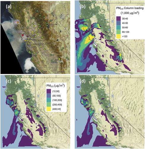 Figure 5. Panel of visible satellite imagery and WRF-CMAQ runs at 11:00 am PDT October 9, 2017. (a) Visible GOES-16 satellite imagery and surface 24-hr average PM2.5 concentrations (circles) from EPA AirNowTech color-coded by air quality index (Figure: NOAA AerosolWatch) (b) the Baseline total column PM2.5, (c) the Baseline surface 1-hr average PM2.5 concentration, and (d) the GTP surface 1-hr average PM2.5 concentrations (same scale of PM2.5 concentrations as in 5c)