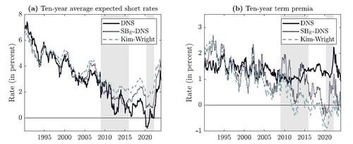 Figure 7 Ten-year average expected short-rate paths (panel a) and corresponding ten-year term premia (panel b) from the DNS model and SBE -DNS model at each time t (based on 10,000 simulations), as well as the corresponding estimates from Kim and Wright (2005), with shaded ZLB periods.