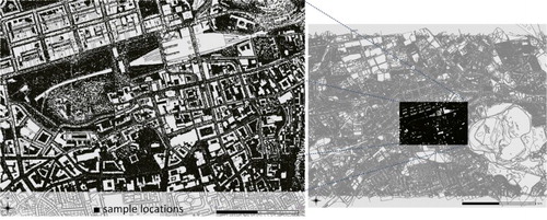 Figure 2. The large scale map (left) shows the 75,000 sample locations selected at random from pedestrian-accessible regions in the study area. The map on the right shows the extent of the data sets included in each calculation, since visual exposure is a measure of objects in view from the surrounding region.