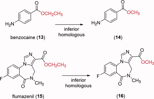 Figure 4. Chemical structures of benzocaine (13), flumazenil (14) and their inferior homologues 14 and 16.