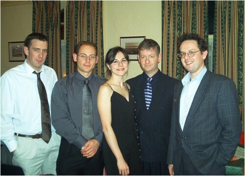 Figure 1 Left to right: Nick, Andrew Gilbert, Arantxa Sanz, Peter Gill and Jonathan Hirst shortly after Nick’s arrival at the University of Nottingham in 1999. Photograph courtesy of Mike George.