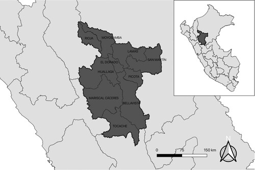 Figure 1. San Martín with provincial borders in the context of Peru.
