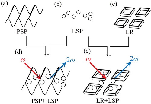 Figure 1. (a–c): Image of individual structures for (a) microgroove, (b) nanostructures, and (c) microcube. (d, e): Image of SHG spectroscopy on combined structures for (d) NC-LIPSS and (e) NC-MC. PSP: propagating surface plasmon, LSP: localized surface plasmon, LR: lightning rod.