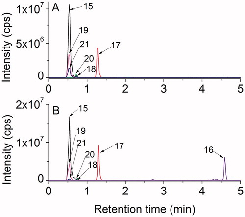 Figure 7. LC–MS analyses of γ-irradiated solutions of 1.10 mM Gly-Met-Gly at natural pH: (A) N2O:O2 (90:10 v/v)-saturated at a dose of 450 Gy; (B) N2O-saturated at a dose of 1600 Gy.