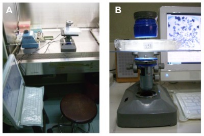Figure 2 (A) Reading system of MODS plate inside bio-safety cabinet and (B) AM313T Dino-Lite PLUS Digital Microscope at viewer side of inverted microscope.Abbreviation: MODS, microscopic-observation drug-susceptibility assay.