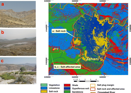 Figure 5.  Hard classification image of Jahani salt diapir. Red boxes illustrate the locations of salt rock (Photograph a) and salt-affected area (Photographs b and c).