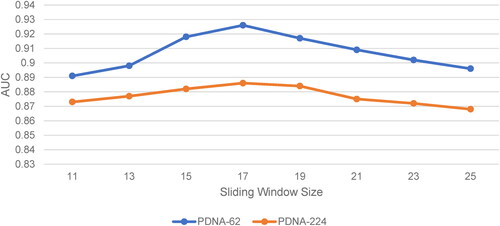 Figure 1. Prediction performance (AUC) using different sliding window sizes for PDNA-62 and PDNA-224 over five-fold cross-validations..