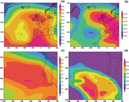 Figure 2. Large-scale atmospheric circulation and dynamic features of the extreme event of 18 February 2008: (a) 500 mb geopotential heights (dam), (b) sea-level pressure (mb), (c) total column water vapour (mm), (d) convective available potential energy (J kg−1). All panels refer to 12:00 h UTC on 17 February 2008. Source of reanalysis data: www.ecmwf.int.