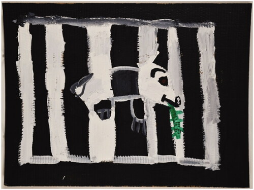 Caption: Artwork 3: Panda Bear by the Zoo.Image description: A painting of a panda bear with a white head biting a green eucalyptus leaf behind a white caged fence.