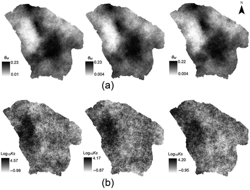 Fig. 4 Three of the 100 realizations generated for (a) θM and (b) log10Ks in the small watershed using Gaussian conditional simulations.