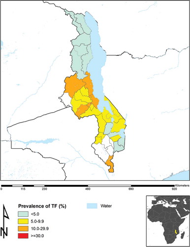 Figure 2. Prevalence of trachomatous inflammation–follicular (TF), Malawi.