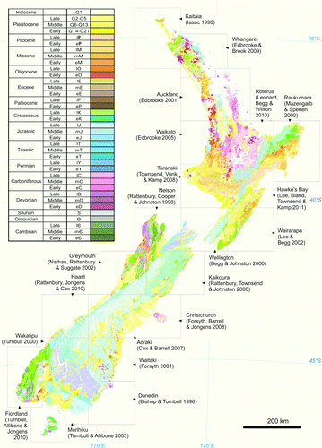 Figure 1  The QMAP 1:250 000 Geological Map of New Zealand. Units are coloured by age except for Neogene and Quaternary volcanic rock units. The key is the original colour-age scheme proposed by Miles Reay in the early stages and generally followed.