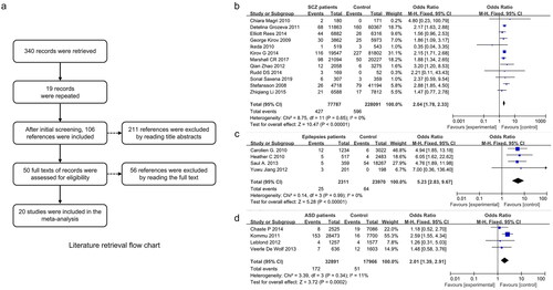 Figure 3. Meta-analysis process and results. (a) Flow chart of literature collection. (b-d) Statistical analysis of the combined effect showed that schizophrenia, epilepsy, and autism spectrum disorder (ASD) were significantly different from the healthy control group (odds ratio [or]: 2.04, 95% confidence interval [CI]: 1.78–2.33, p < 0.00001; or: 5.23, 95% CI: 2.83–9.67, p < 0.00001; or: 2.01, 95% CI: 1.39–2.91, p = 0.0002). the results showed that carrying 15q11.2 microdeletion was more likely to lead to schizophrenia, epilepsy, and ASD.