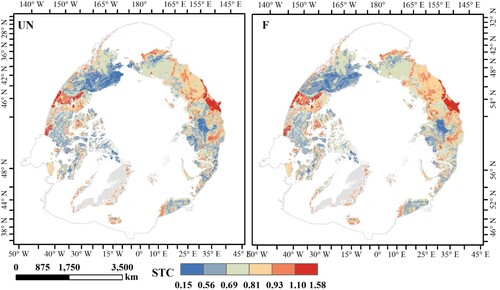 Figure 8. Spatial distribution of STC during thawing and freezing periods in the Arctic permafrost in 2020.