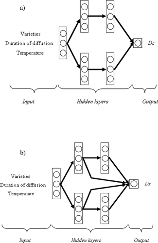 Figure 2 The neural network topologies tested. (a) Neural network topologies I, and (b) Neural network topologies II.