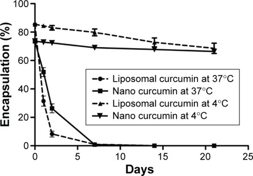 Figure 4 Stability study of curcumin-loaded liposomal and nanoparticulated formulations at 4°C and 37°C.