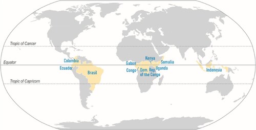 Figure 9. The equatorial belt. We considered countries that the Equator line crosses for the study before making our selection of the sites. Source: Own elaboration, data: Natural Earth.