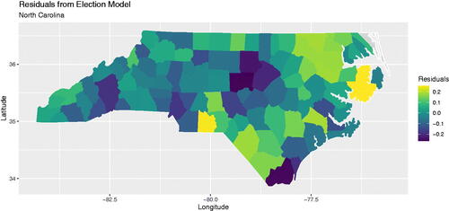 Figure 4: Examples of map visualizing residuals in North Carolina voting assignment.
