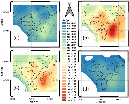 Figure 11. Spatial variation in mean seismic hazard level for 2% probability in 50 years for SC A for (a) PGA (b) Sa at 0.1 s (c) Sa at 0.2 s (d) Sa at 1 s.