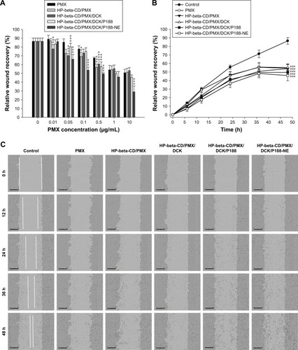 Figure 6 In vitro effects of PMX, HP-beta-CD/PMX, HP-beta-CD/PMX/DCK, HP-beta-CD/PMX/DCK/P188, and HP-beta-CD/PMX/DCK/P188-NE on the proliferation/migration of A549 cells.Notes: (A) Wound closure at 48 h of treatment (**P<0.01, ***P<0.001 compared with the PMX treatment group at the same concentration equivalent to PMX). (B) Time course of closure of the wounded areas after the cells were treated with the drug equivalent to 1 μg/mL PMX (***P<0.001 compared with the control group). (C) Representative images at different time points after the cells were treated with drug equivalent to 0.5 μg/mL PMX. Data are presented as mean ± SD (n=6 for each group). Scale bar represents 300 μm. Magnification ×10. A549, human lung carcinoma; HP-beta-CD/PMX, HP-beta-CD containing PMX; HP-beta-CD/PMX/DCK, ion-pairing complex between HP-beta-CD/PMX and DCK; HP-beta-CD/PMX/DCK/P188, ion-pairing complex between PMX and DCK containing HP-beta-CD and P188; HP-beta-CD/PMX/DCK/P188-NE, HP-beta-CD/PMX/DCK/P188-loaded nanoemulsion.Abbreviations: DCK, Nα-deoxycholyl-l-lysyl-methylester; HP-beta-CD, 2-hydroxypropyl-beta-cyclodextrin; PMX, pemetrexed; P188, poloxamer 188.